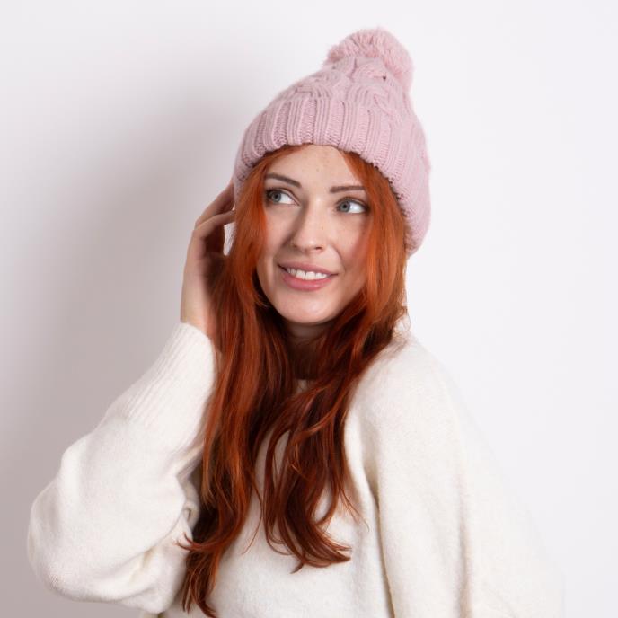 totes Ladies Cable Knit Hat with Pom Pom Detail Pink